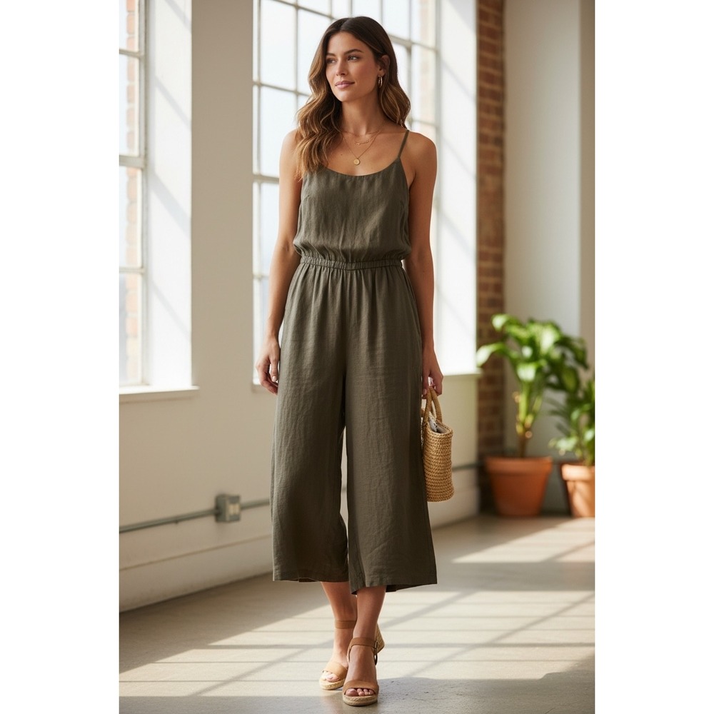 Haute Hippie Women's Olive Green Wide Leg Culotte Jumpsuit Boho Natural Linen M